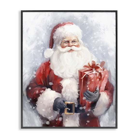 Stupell Industries Traditional Santa with Red Gift Black Framed Giclee Art, 11 x 14, by Ramona Murdock