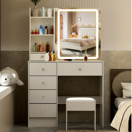 Caulitar Vanity Table Set With LED Lighted Mirror, 6 Drawers and Shelves Makeup Desk with Stool for Bedroom, White