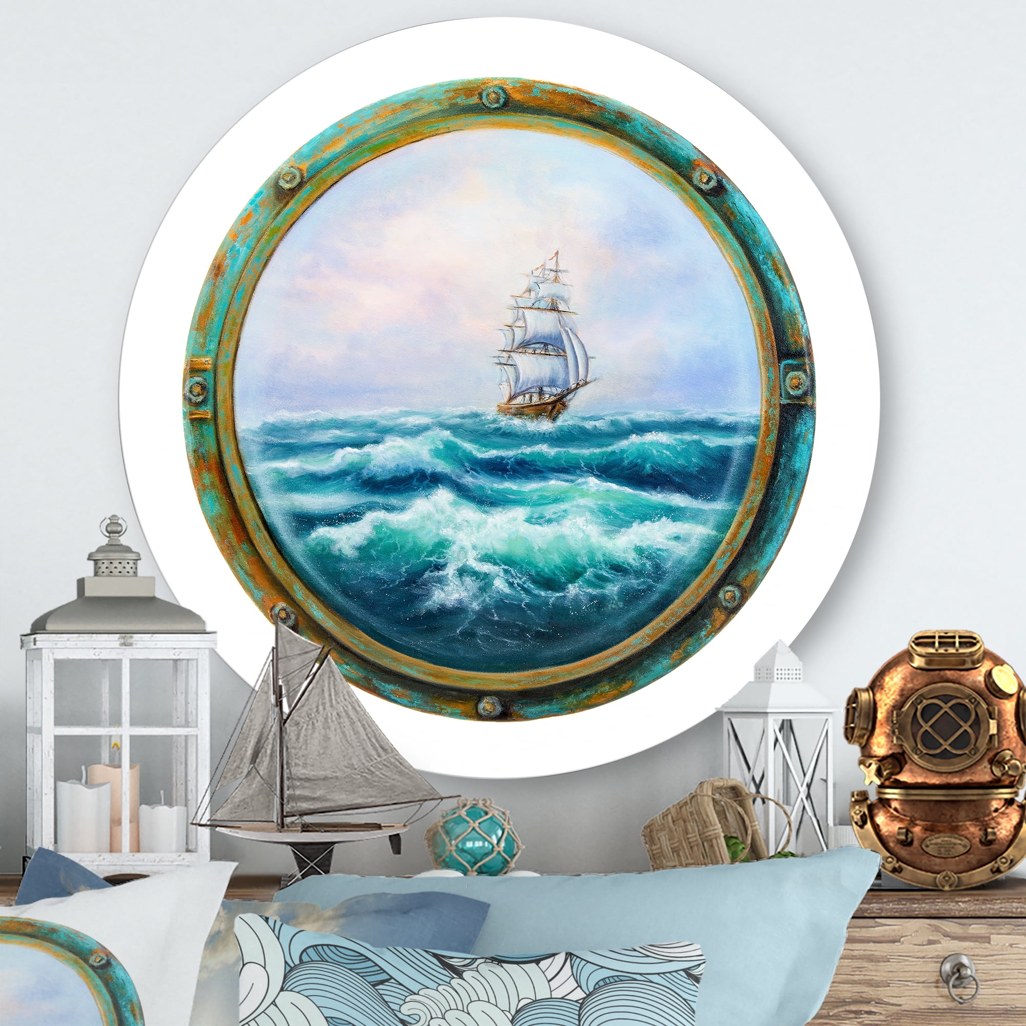 Designart 'Ship In Stormy Ocean Through Cabin Window' Nautical & Coastal Circle Metal Wall Art 11x11 - Disc of 11