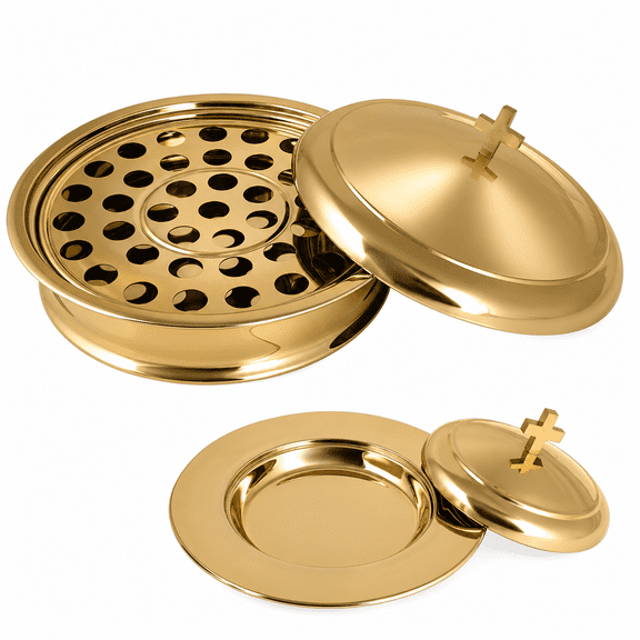 Communion Ware Holy Wine Serving Tray with a Lid & a Stackable Bread Plate with a Lid Stainless Steel - Brass/Gold Shiny