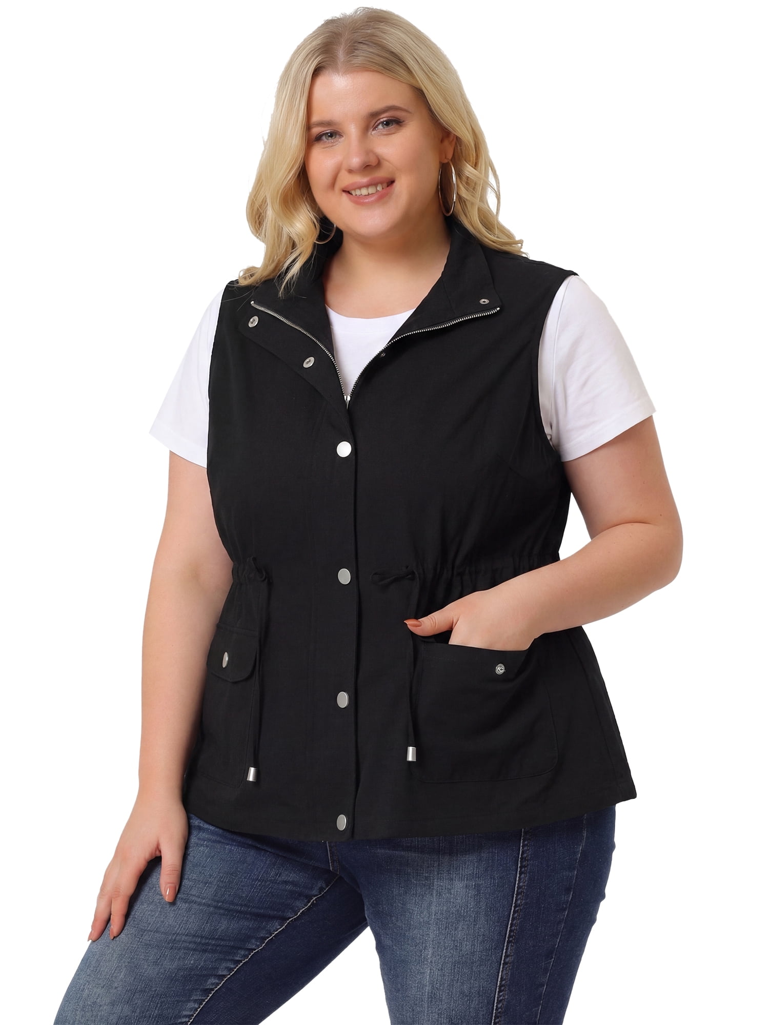 DARING DIVA Women's Plus Size Lightweight Sleeveless Anorak Cargo Vest 5X Black
