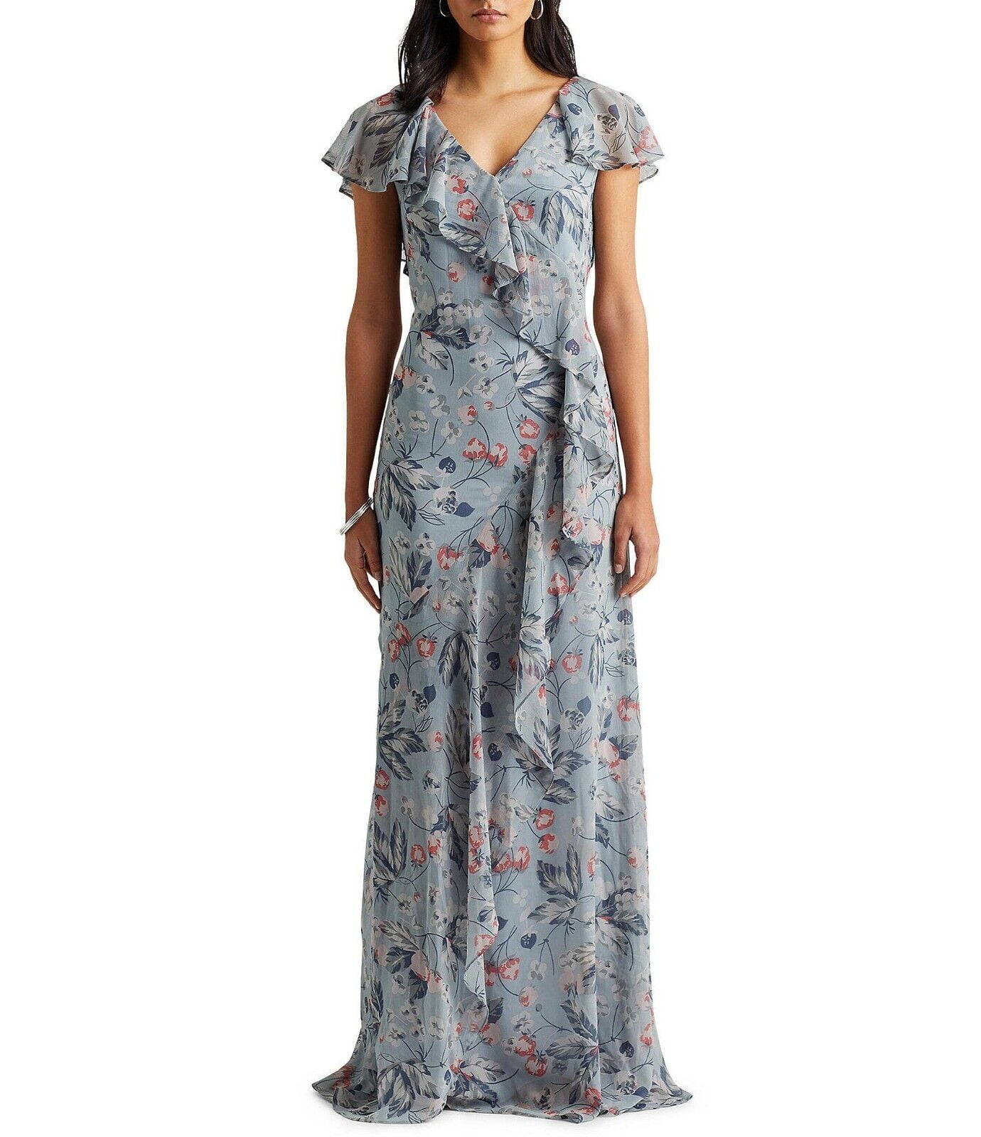 Lauren Ralph Lauren Floral Ruffle Dress Womens blue Size 14 MSRP $210 -  