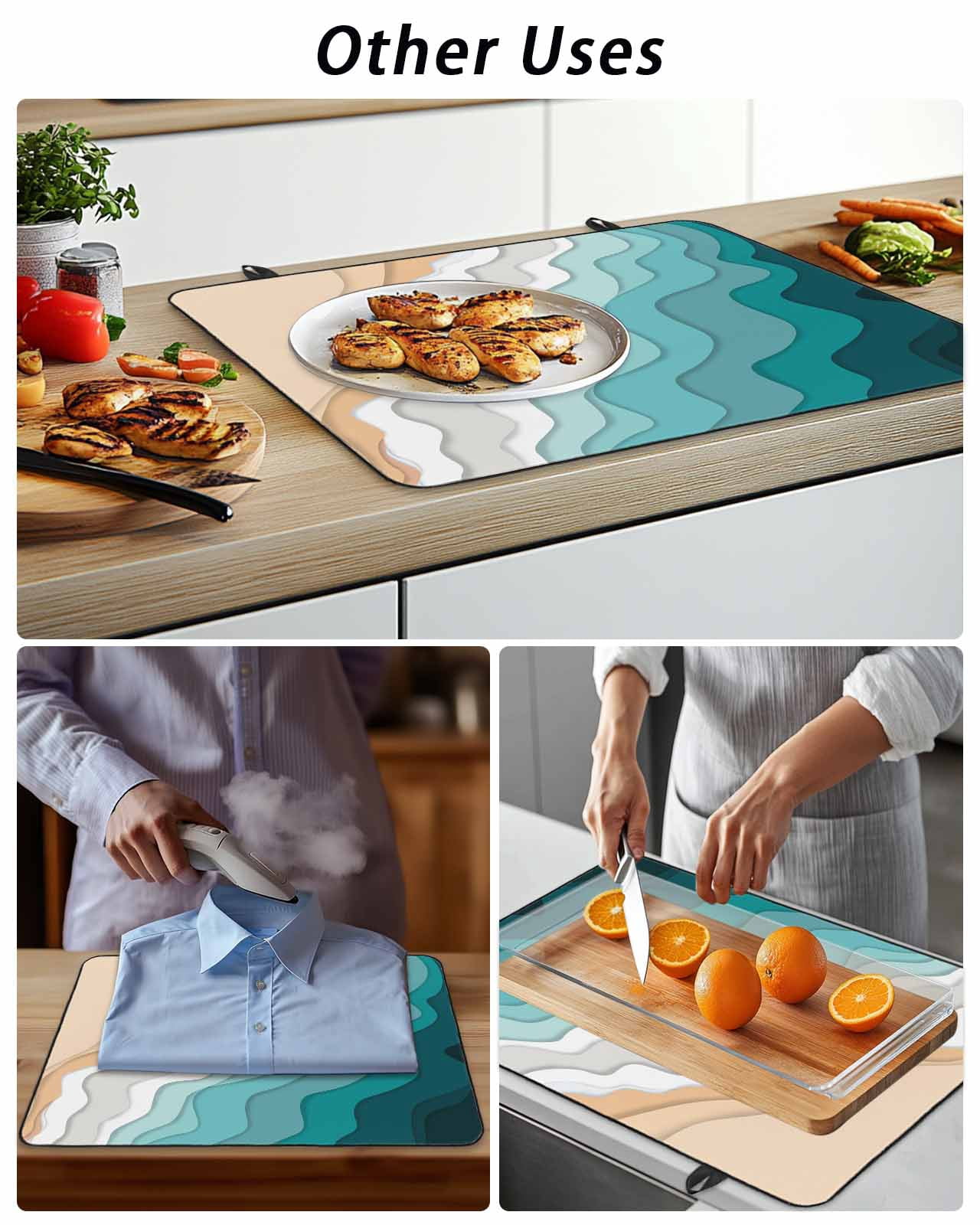 Stove Top Covers for Electric Stove, Teal Green Glass Stovetop Cover Protector, Geometric Brown White Beach Waves Gradient Induction Cooktop Protector Oven Mat for Kitchen Countertop 28.5"x20.5"