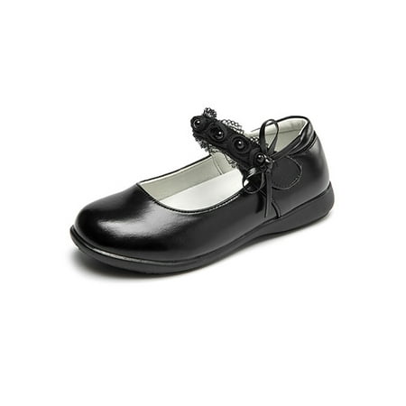 

Woobling Kids Princess Shoes Magic Tape Flats Comfort Flat Shoe Uniform Mary Jane Classic Loafers Slip On Non-slip Bow Black 3Y