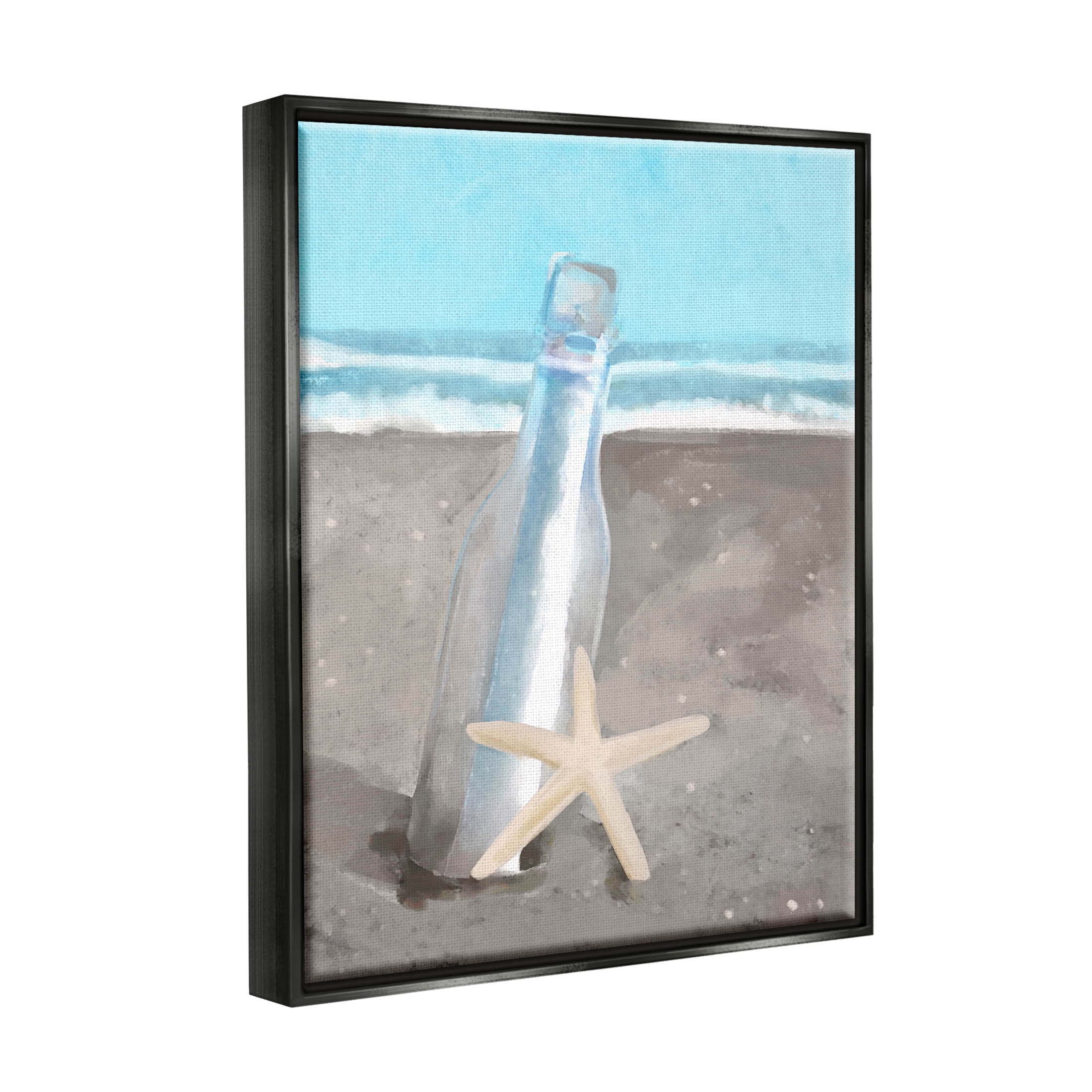 Message Bottle Beach Shore Coastal Graphic Art Jet Black Framed Art Print Wall Art