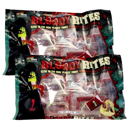 Bloody Bites Glow in the Dark Plastic Fangs with Oozing Watermelon Flavor Candy Blood Bags Individually Wrapped for Halloween Party Favor Trick or Treat Goodie Bag Filler Gift Supplies 2.4oz Pack of 2