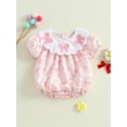 thumbnail image 2 of aturustex Toddler Girls Bubble Romper Outfits 0 3M 6M 12M 18M Infant Baby Short Sleeve Babydoll Bodysuits Embroidered Bowknot Romper Doll Collar Jumpsmmer Clothes Beachwear for Holiday Party, 2 of 8