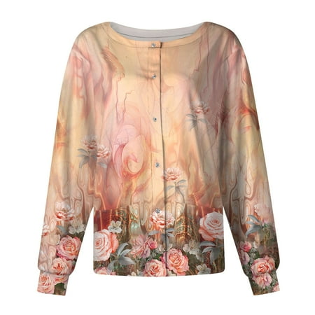 

PURJKPU Womens Scrub Jacket Floral Pattern Nurse Scrub Top Long Sleeve Single-Breasted Tops O Neck Woprking Uniforms with Pockets Beige 3XL