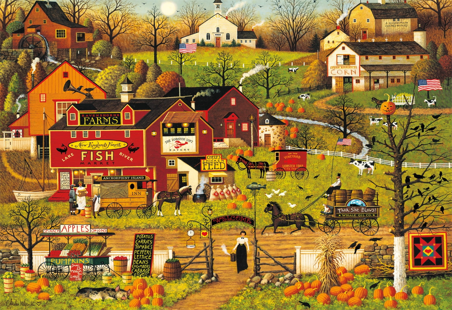 アンティーク　額絵　チャールズワイソッキー　馬車　鳥　花　アメリカ　ビルマの道 Buffalo Games 2000-Piece Charles Wysocki Blackbirds Roost Puzzle