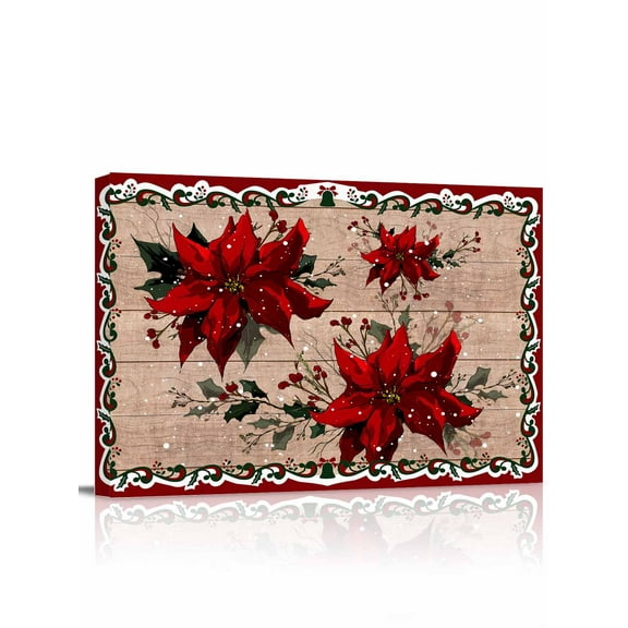Christmas Poinsettia Canvas Print Wall Art Winter Red Floral Pine Leaf Wood Grain Pictures Painting Morden Artwork for Living Room Bedroom, Ready to Hang - 12"x16"