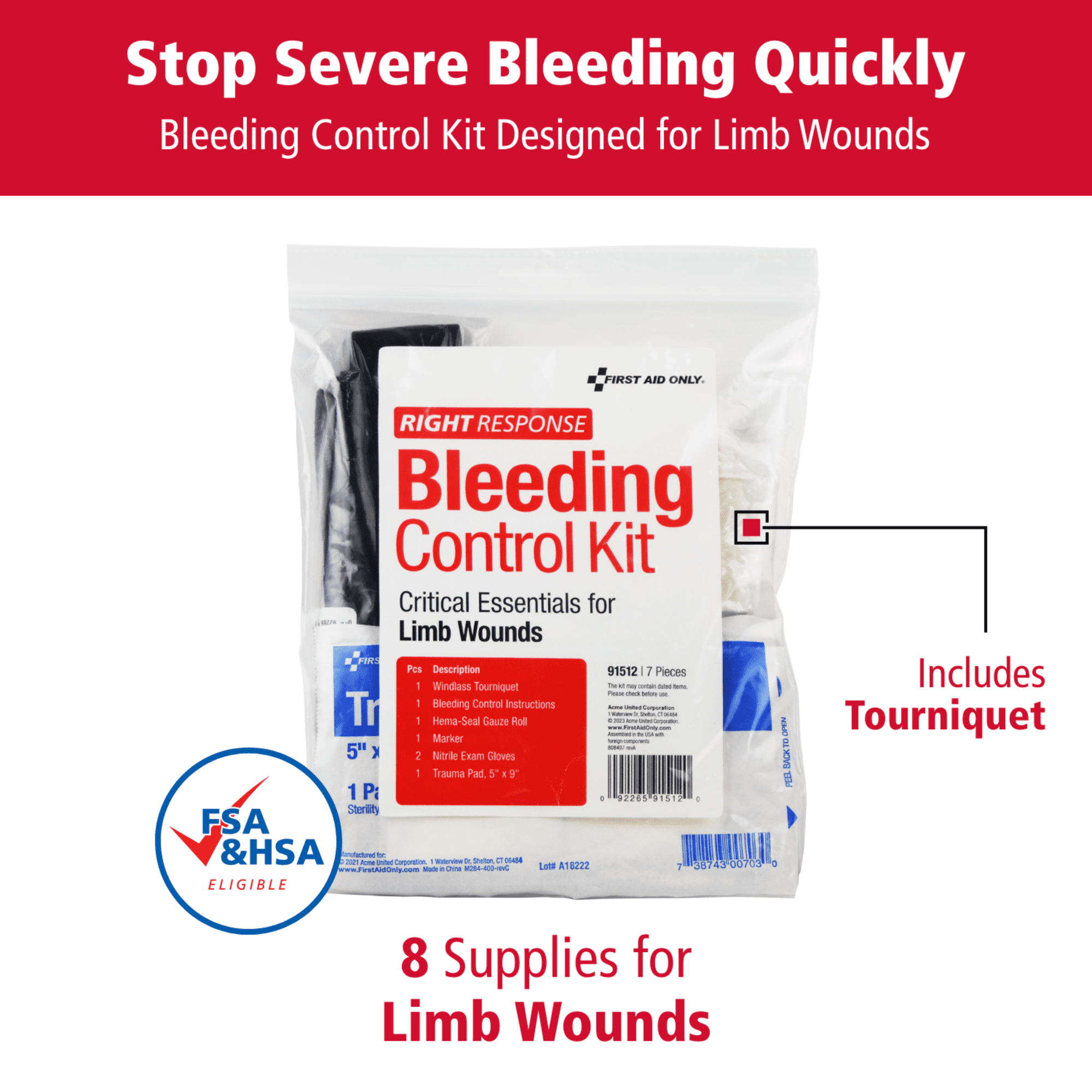 First Aid Only Critical Essentials Bleeding Control Kit for Limb & Wounds, 7 Pieces Per Kit
