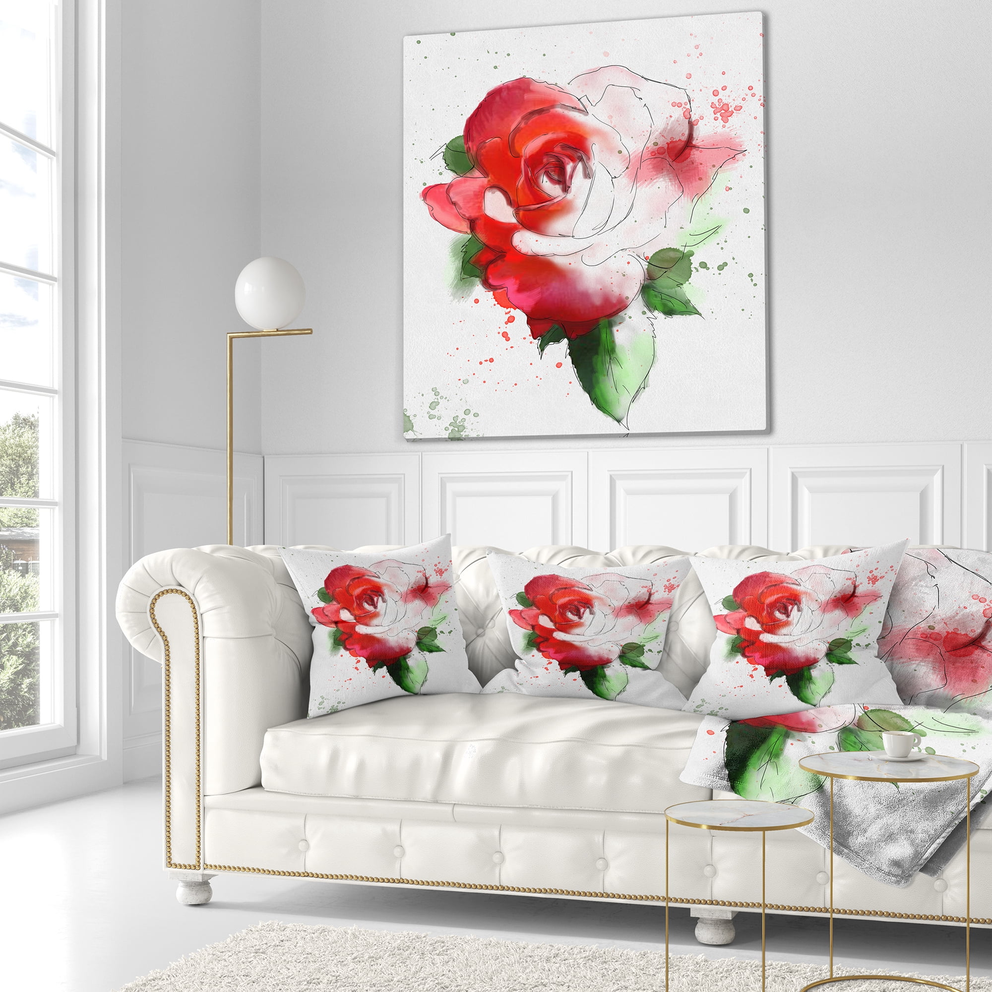Designart Red Hand drawn Rose Illustration - Floral Throw Pillow - 16x16