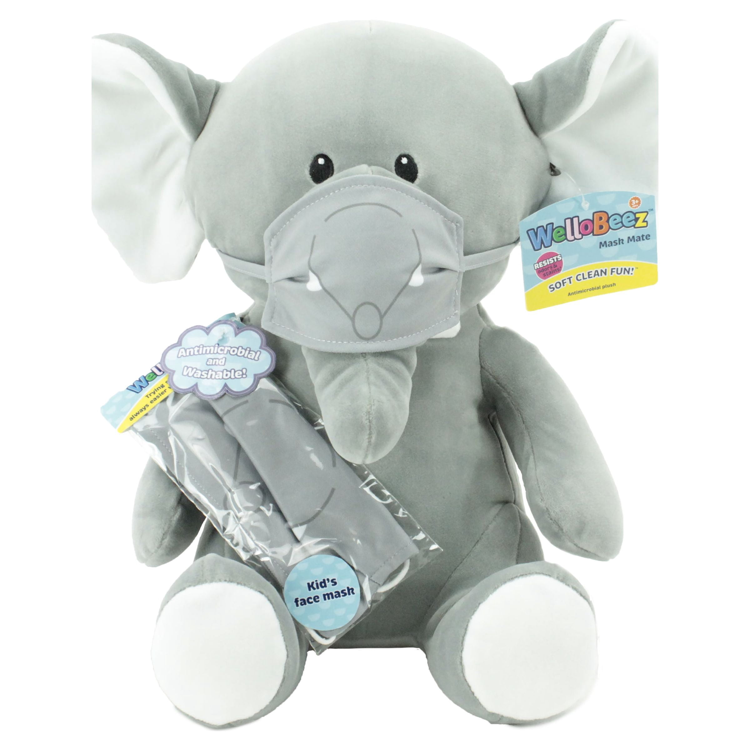 Animal Adventure® WelloBeez™ – Antimicrobial Plush Mask Mate™ – Masked Elephant Plush with Additional Child’s Face Mask & Clip Bundle
