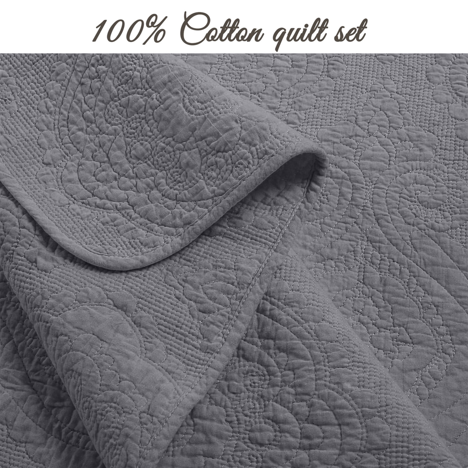 Cozy Line Gray Chic Brocade Matelassé Medallion 3 Piece Cotton Quilt Bedding Set, Queen - Reversible ( 3 Count)