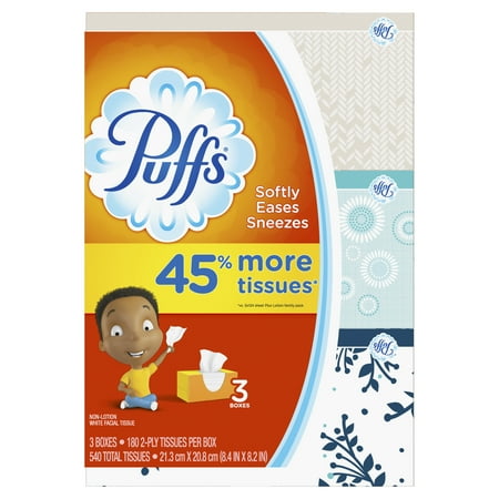 Puffs, Everyday Non-Lotion Facial Tissue, 3 Family Boxes, 540 Tissues