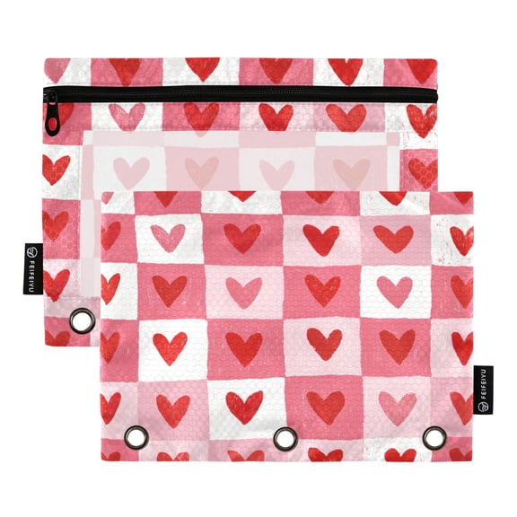 2 Pack 3 Ring Binder Pouch with Clear PVC Window Water Resistant Zipper Pencil Pouch Crayon Heart Checkers Binder Pocket for Classroom Office Home Stationery Organization