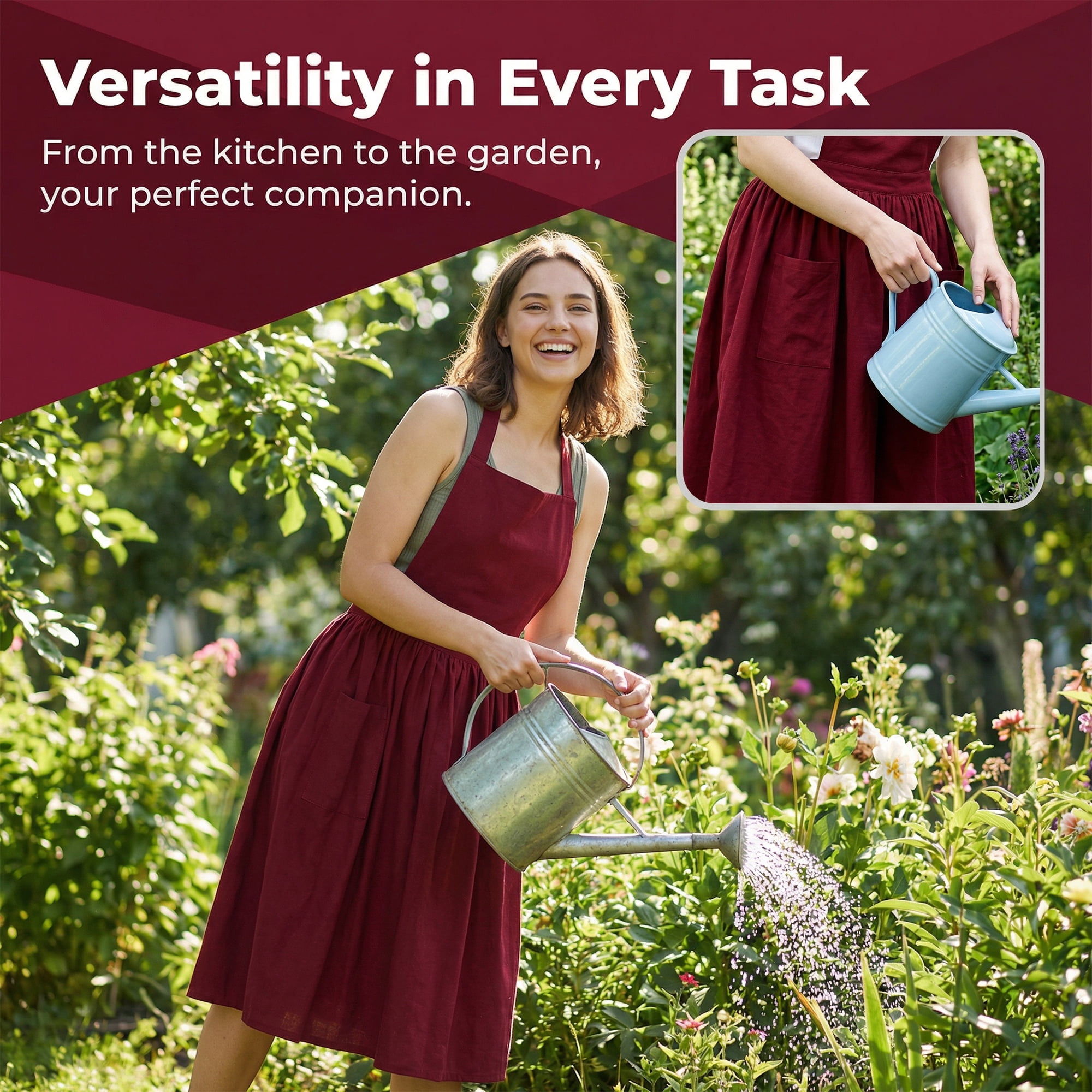 Unique Bargains Women's Kitchen Apron Long Waist Cooking Apron 37.4x50.4in Burgundy