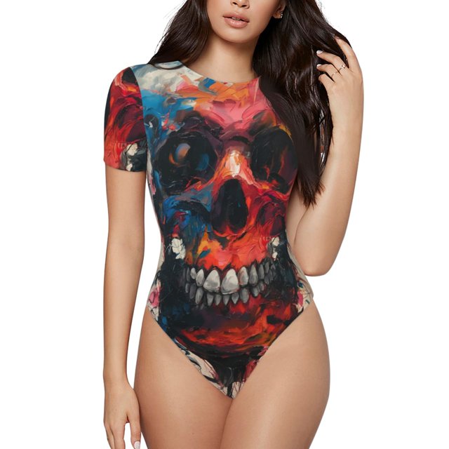 Balery Abstract Colorful Skull Art Body de cuello redondo de manga corta para mujer Tops de manga corta Tops básicos-Small