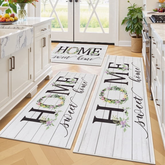 Vaukki Farmhouse Kitchen Rugs Sets of 3, Non Slip Machine Washable Kitchen Mats for Floor, Low Profile Floor Mats for Sink Laundry Room, White