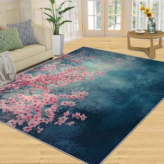 Cherry Blossom Rugs for Living Room, Pink Florals Rug, Landscape Washable Rugs for Bedroom, Low Pile & Non Slip, Indoor Carpet, Area Rug & Home Decor 4 x 6ft