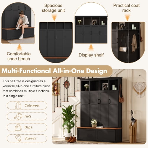 74.8" Modern Farmhouse Hall Tree with 4 Hidden Cabinets, 6 Hooks, Storage Drawers and Bench, Entryway Coat Rack Organizer, Black