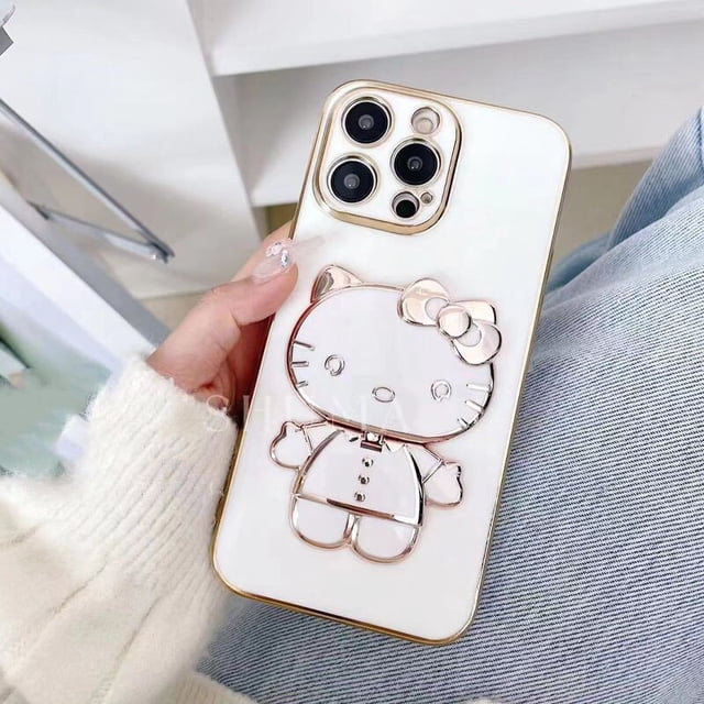 Funda de teléfono Kawaii Hello Kitty con soporte de espejo de maquillaje, carcasa de teléfono móvil Kt Cat para Iphone 14, 13, 12, 11 Pro Max, Xr, Xs zhangmengya LED