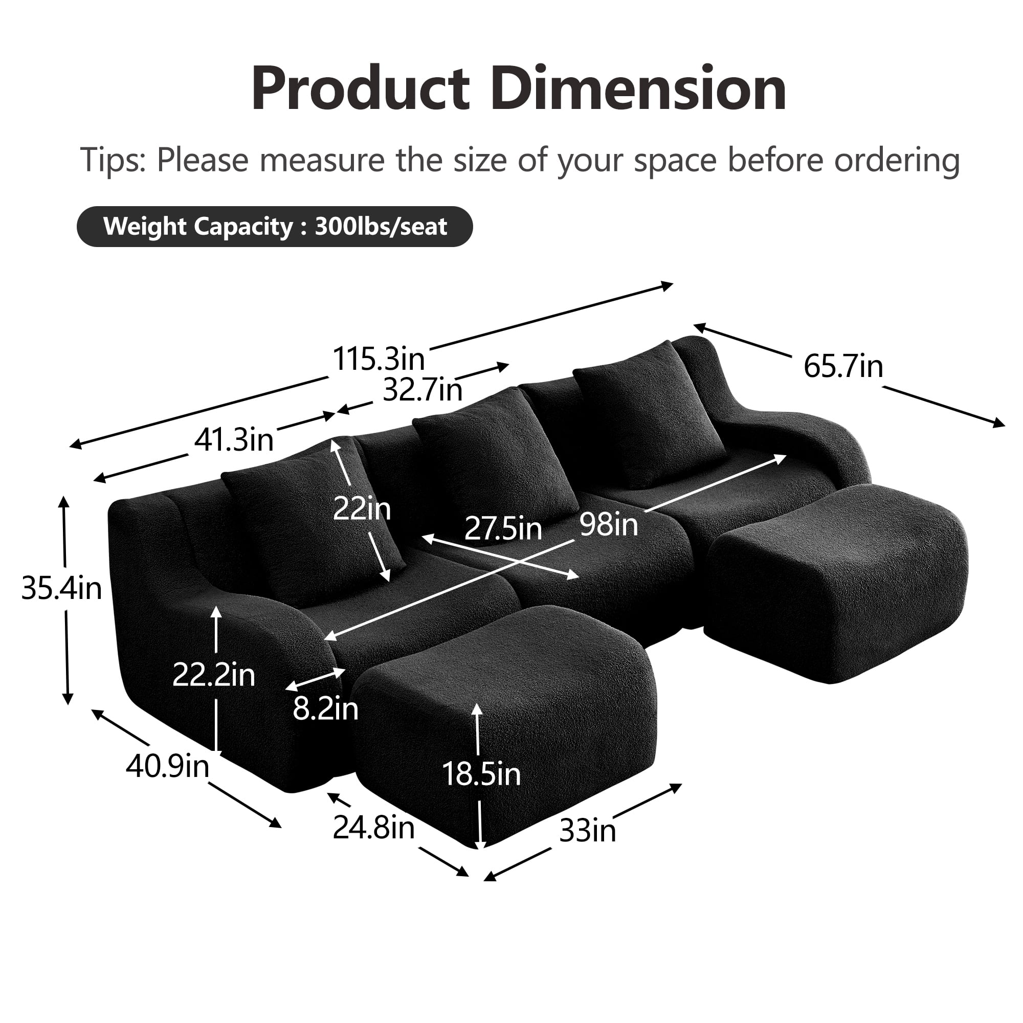Alvantor Sectional Sofa with Reversible Ottoman U-Shaped 115" W 3-Seater Teddy Boneless Couch Modern Deep Seat Cloud Sofa for Living Room Black