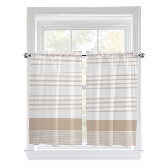 Tier Curtains 45 Inches Long, Brown Stripe Window Treatment Curtain Drapes, Modern Rustic Horizontal Brown Striped Window Half Privacy Curtains for Bedroom Bathroom, 42"x45", 2 Panels