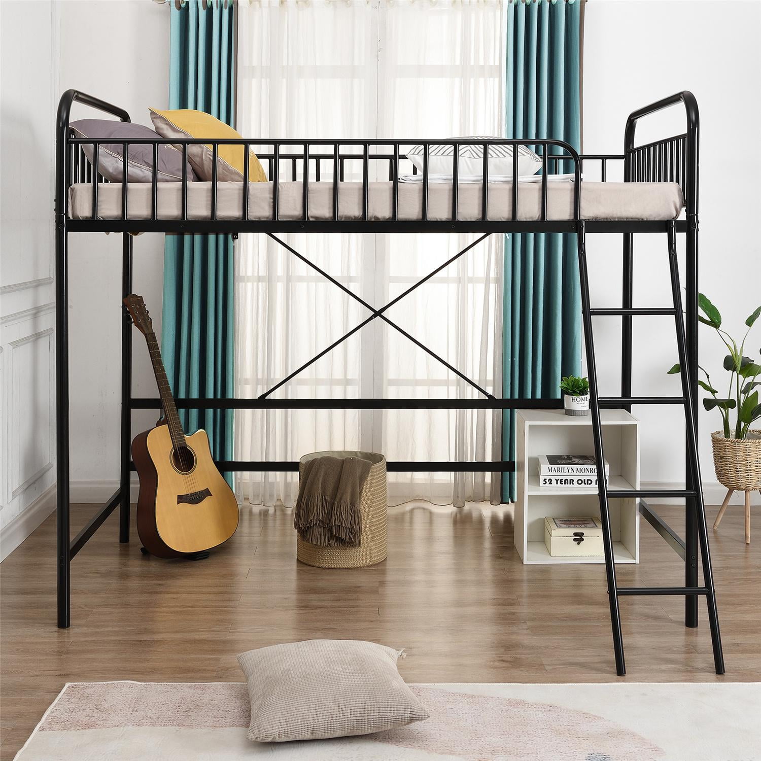 Twin Loft Bed, Modern Industrial Metal Bed Frame for Boys Girls Teens