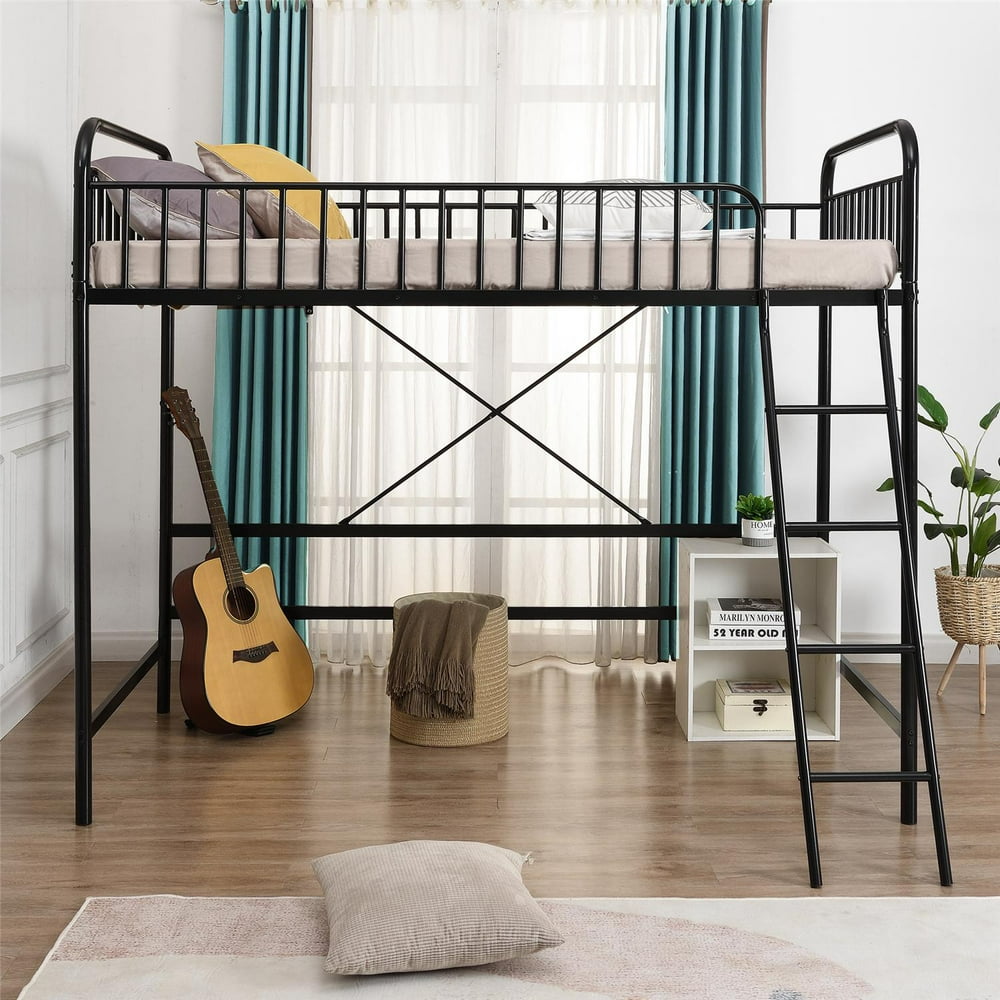 Twin Loft Bed, Modern Industrial Metal Bed Frame for Boys Girls Teens