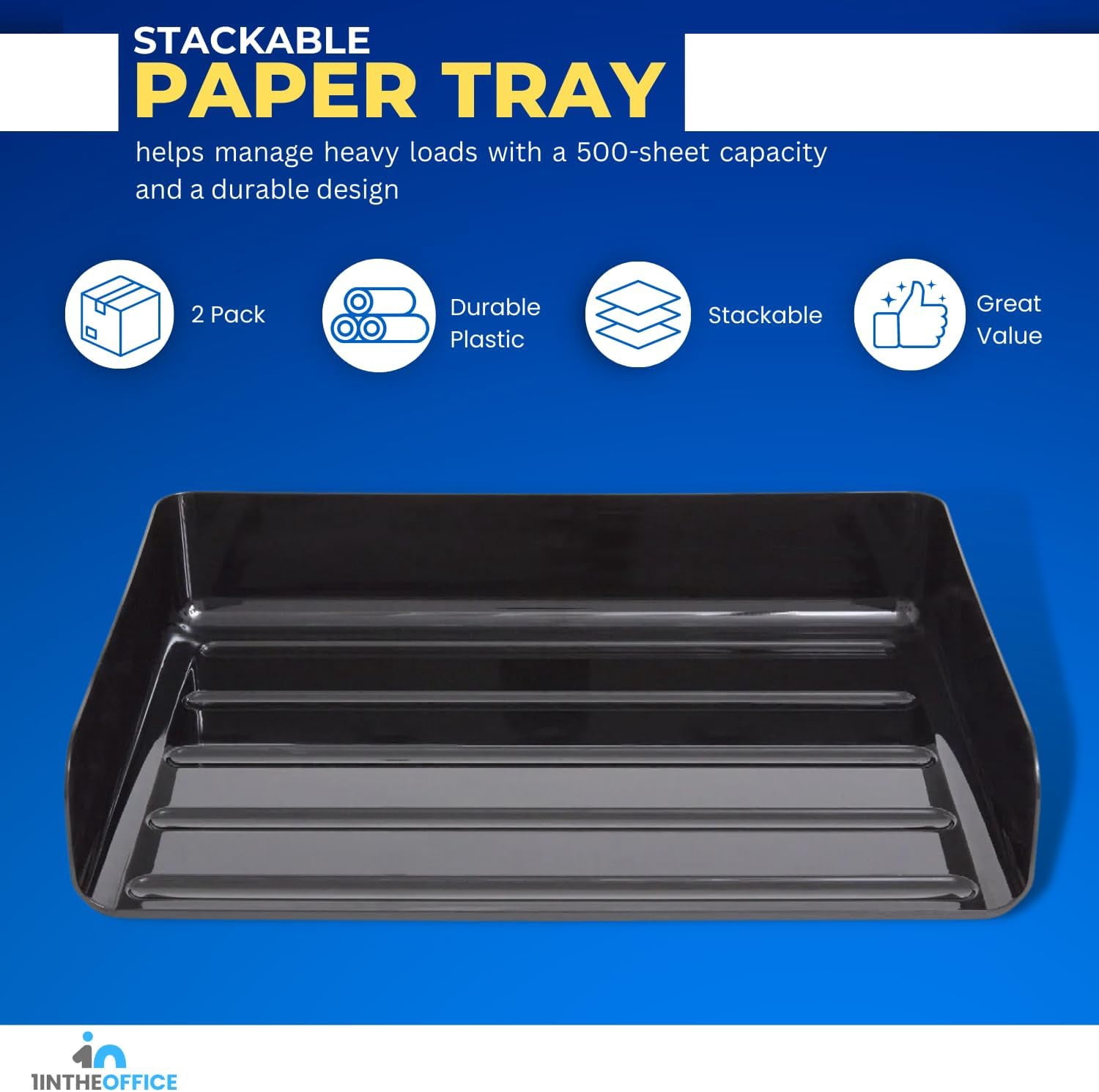 1inTheOffice Stackable Paper Tray, Legal Size Plastic Desk Tray Organizer, Side Load Tray, Black (2 Pack)