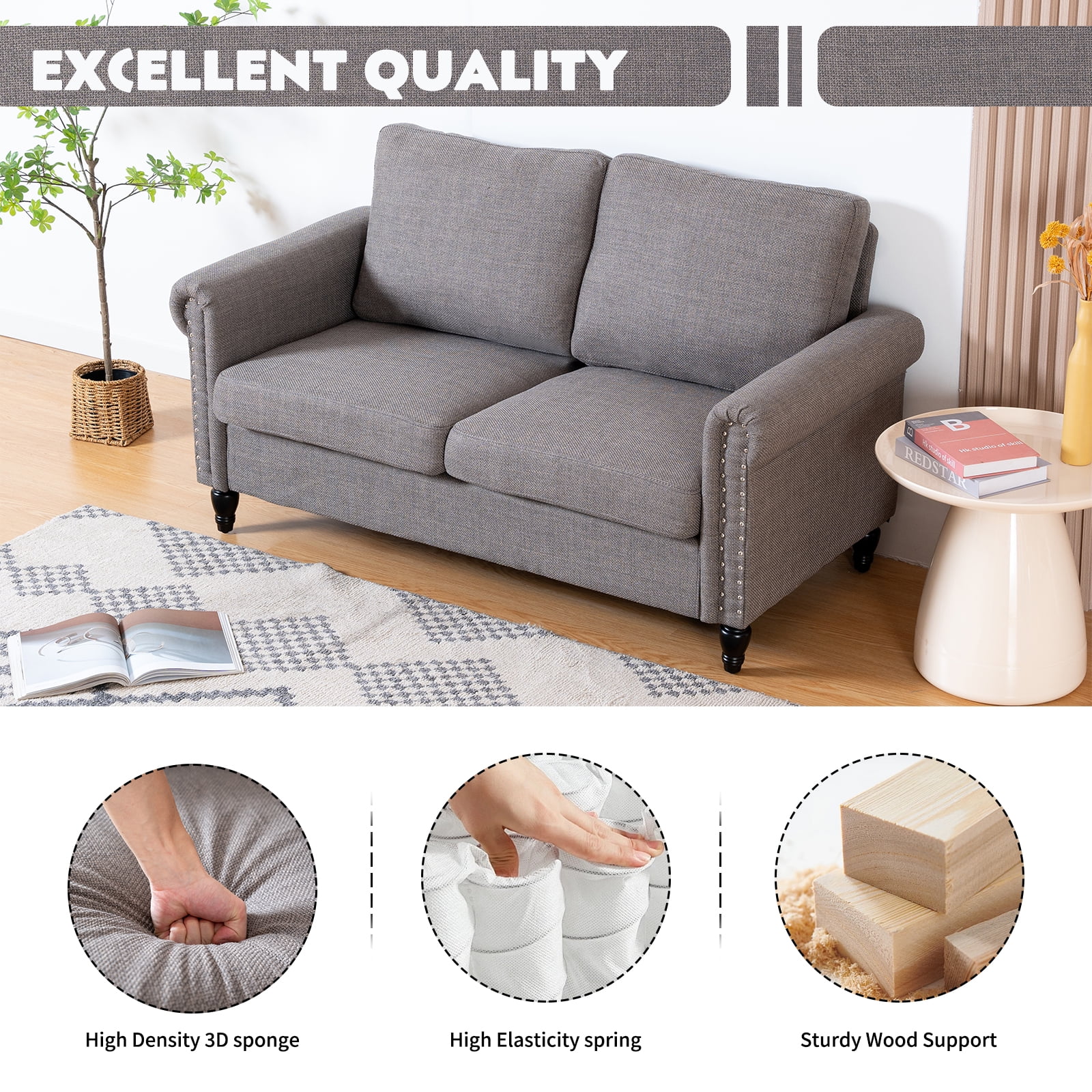 57 Loveseat Sofa,2 Seat Couch with Linen Fabric,Small Couches for Small Spaces with Solid Wood Legs,Comfy Love Seat Sofa for Living Room,Bedroom,Apartment