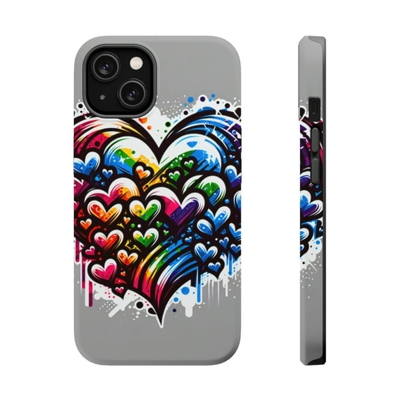 DistinctInk Tough Case for Apple iPhone 13 (6.1" Screen), Compatible with MagSafe Charging - "Vibrant Graffiti Hearts Against White Canvas"