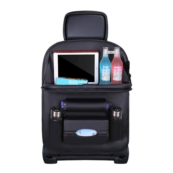 2 Pack Leather Car Backseat Organizer with Foldable Table Tray, Universal Car Seat Back Protector Kick Mat with Touchscreen Tablet Holder, Storage Pockets, Cup Holders and Tissue Holder