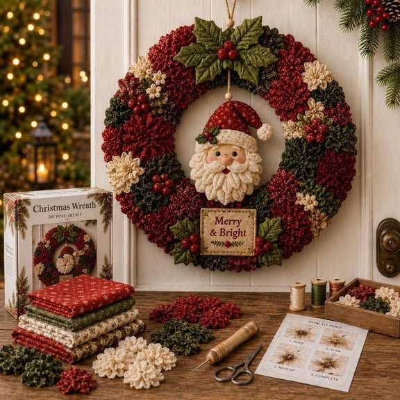 3D Fabric Poke Wreath DIY Kit,Christmas Wreath Making Kit for Beginner & Adults, No-Sew Fabric Craft Kit,DIY Holiday Decor, Handmade Christmas Art Project Gift๏ผSanta