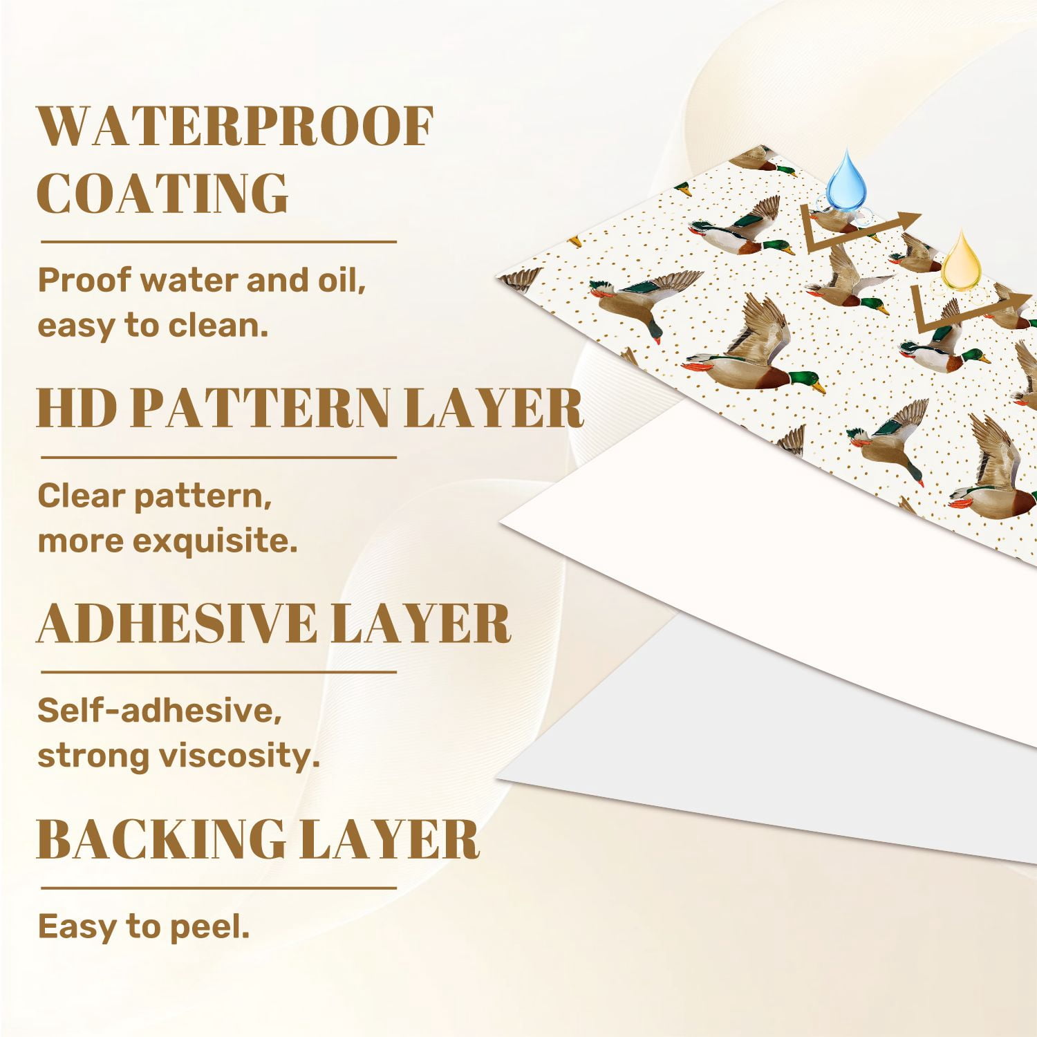 Peel and Stick Wallpaper Mallard Ducks Soft Pastel Colors Gold Accents Wall Mural 17.7in x 9.8ft Self Adhesive Removable Wall Paper Renter Friendly Wallpaper for Nursery Bedroom Cabinets