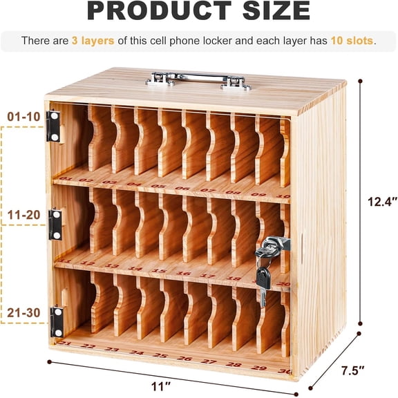 Wood Cell Phone Locker Box Cell Phone Storage Cabinet 30 Slots Cell Phone Lock Box for Office Classroom with Handle