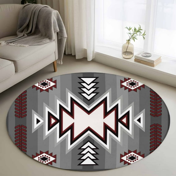 Red Gray Round Rug 3ft Washable Circle Entryway Rugs Non Slip Southwest Retro Ethnic AztecTexture Bohemian Area Rug Indoor Floor Carpet for Bedroom Kitchen Living Room Home Office Dining Room Nursery