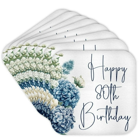 3drose, Pretty Blue Hydrangea Happy 80th Birthday, Set of 8 Coasters - Cork
