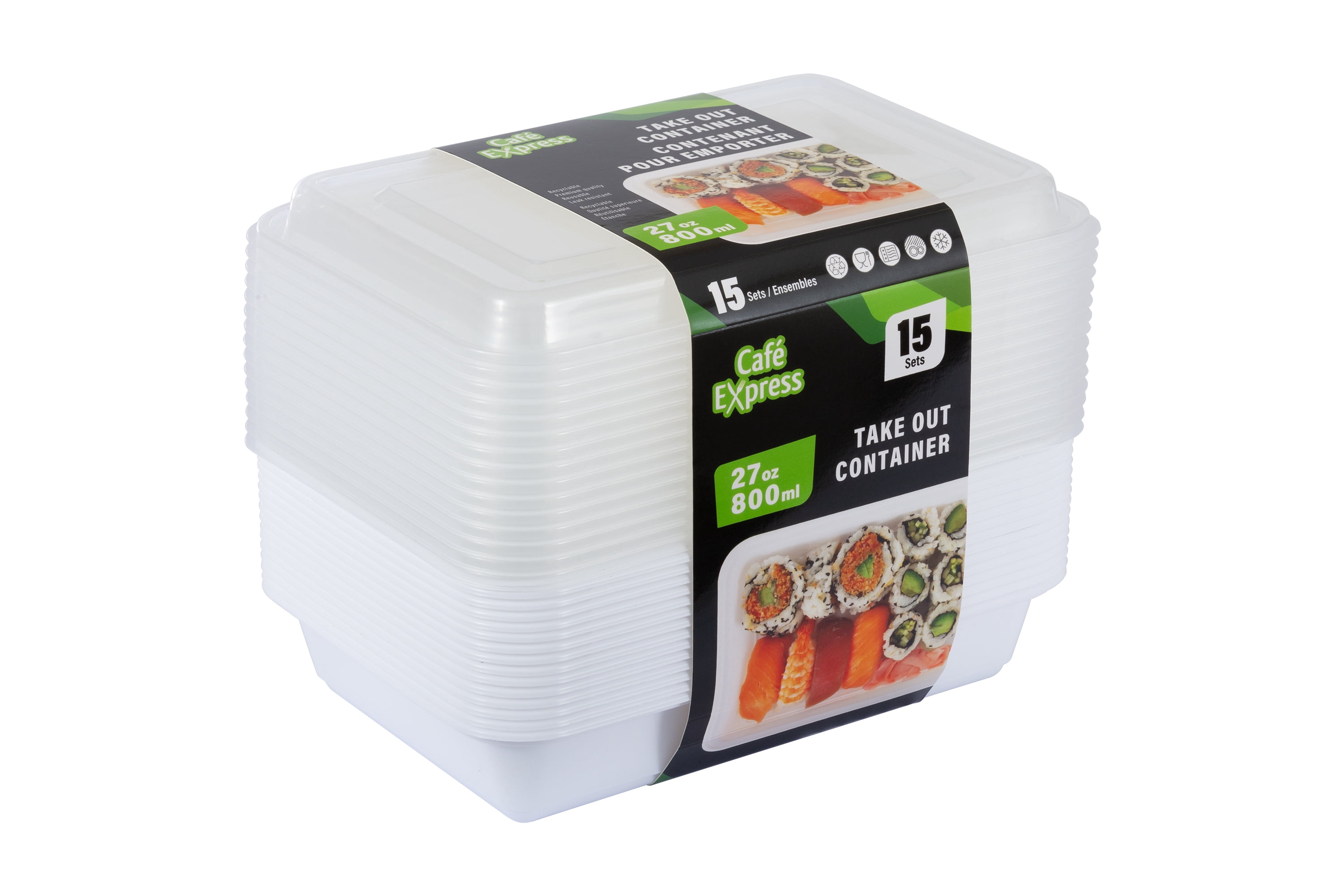 Café Express  Rectangular Food Storage Take Out Containers with Lids, 800 ml, 15 Sets