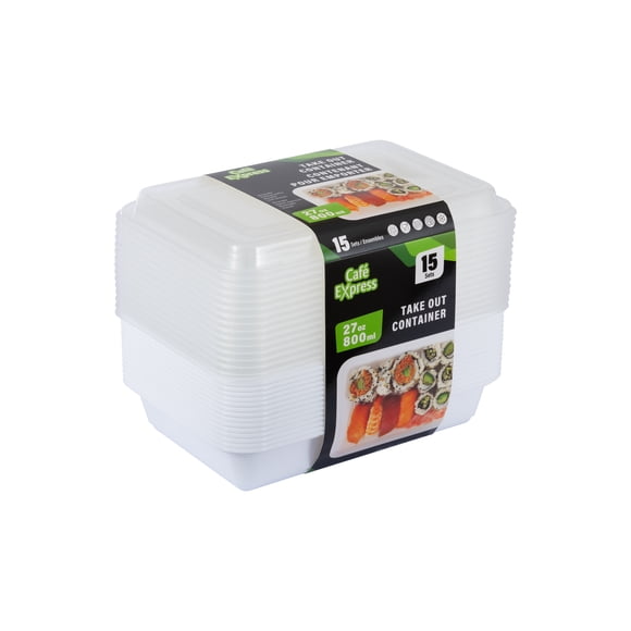 Café Express Rectangular Food Storage Take Out Containers with Lids, 800 ml, 15 Sets