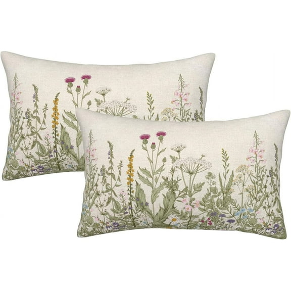 Sage Green Pillow Covers 12x20 Inch Set of 2, Spring Wildflower Plant Throw Pillows Case,Seasonal Floral Outdoor Decorative Flowers Farmhouse Decor Cushion Covers for Home Sofa Bed Couch
