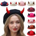 thumbnail image 2 of Popular Devil Horn Painter Hat Warm Wool Winter Hat for Adult Women Girl Concerts Outdoor Event Cold Weather Headwear Wine red black horns, 2 of 4