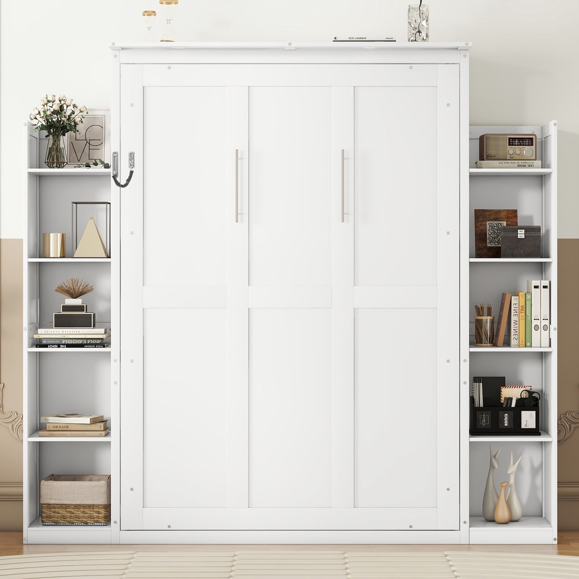 Mintazer Full Murphy Bed with Side Shelves & LED Lights, Modern Foldable Wall Bed for Bedroom Apartment Guest Room, White