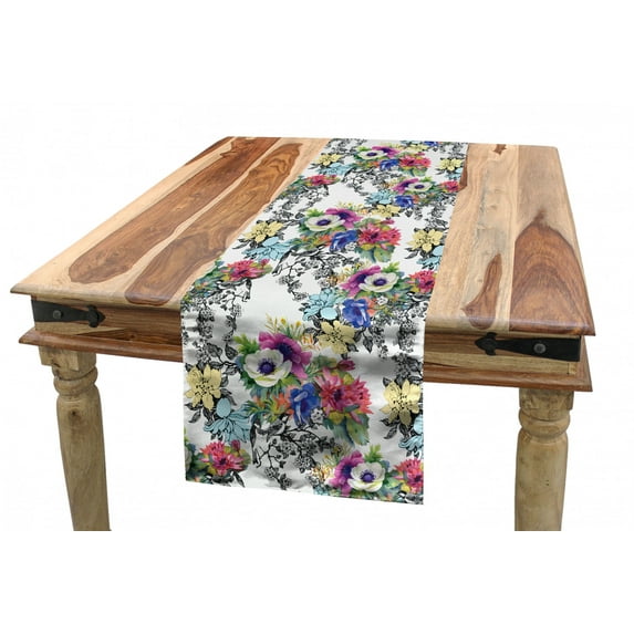 Floral Table Runner, Mixed Style Vintage Texture Watercolor and Hand Drawn Foliage and Leaves with Birds, Dining Room Kitchen Rectangular Runner, 3 Sizes, by Ambesonne