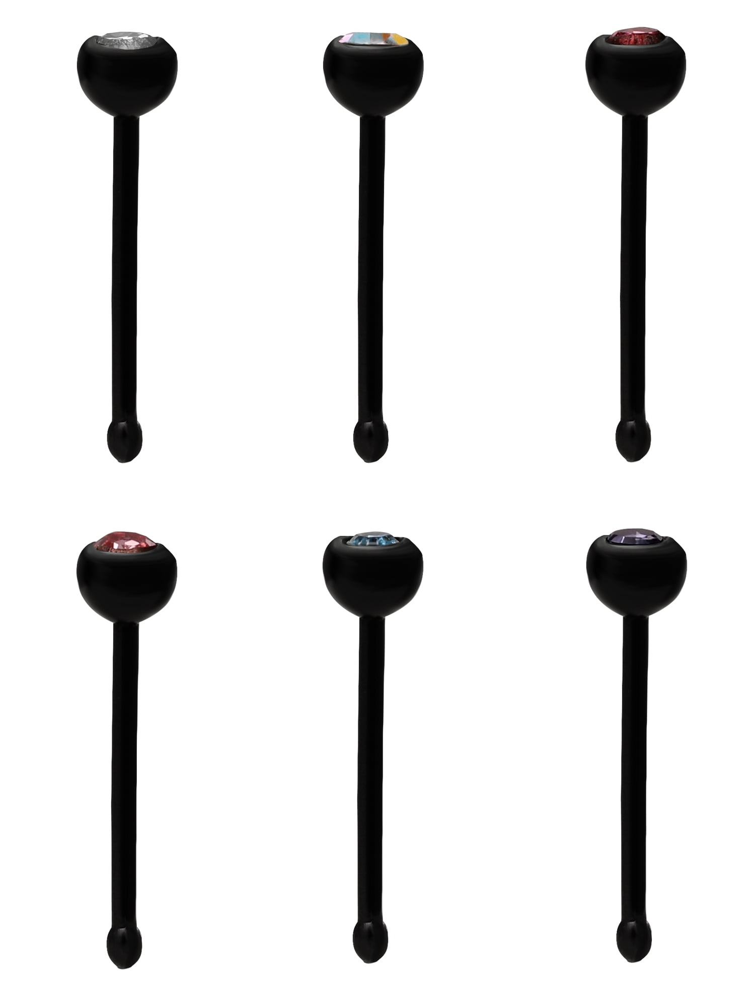 Hot Silver Women's Black Crystal Nose Ring Set, 22G, 6 Pieces