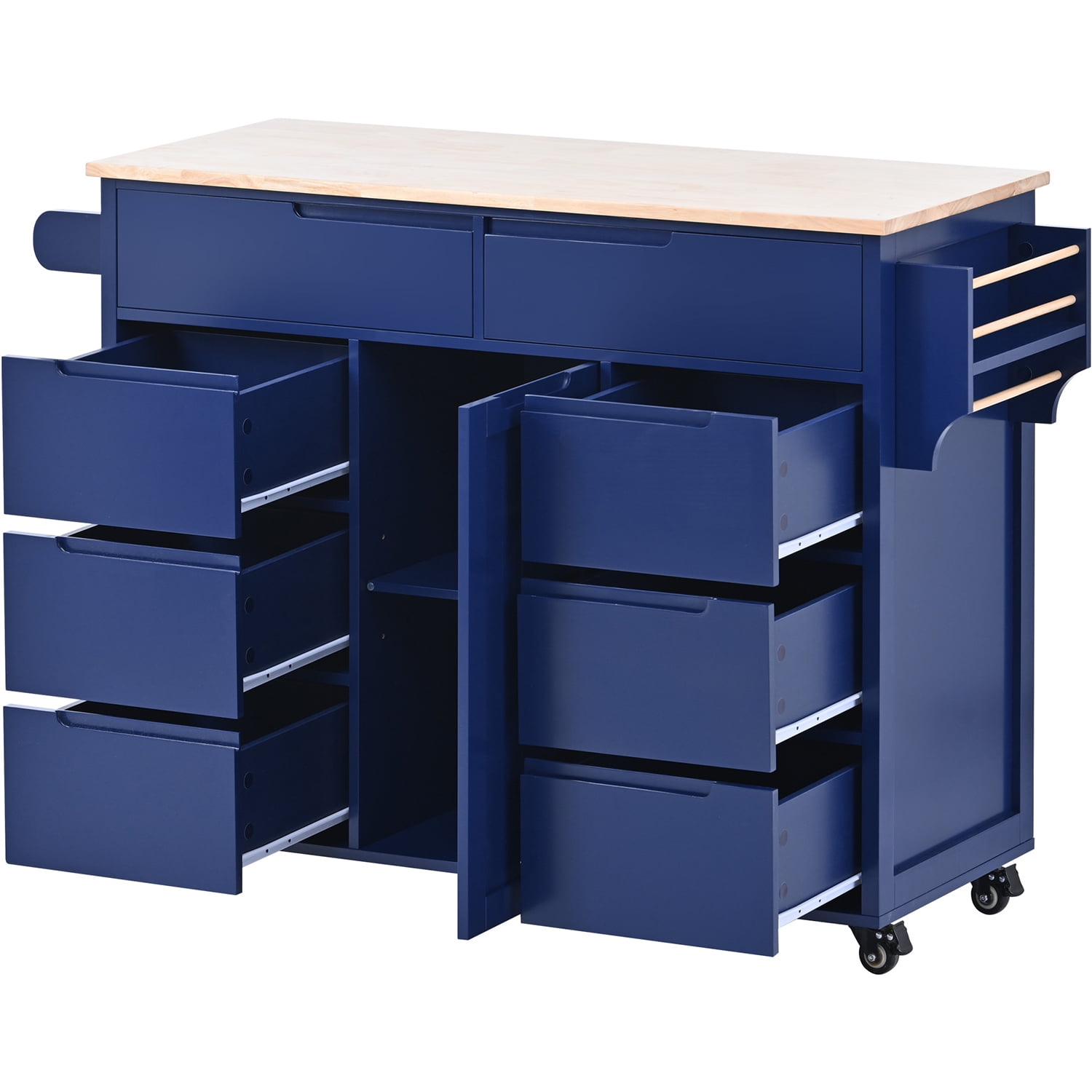 Kepooman 53.15 Inch Width Indoor Modern Rolling Kitchen Cart, Rubber Wood Kitchen Cart on Wheels with Spice Rack, Towel Rack-Grey Blue Kepooman 53.15 Inch Width Indoor Modern Rolling Kitchen Cart, Rubber Wood Kitchen Cart on Wheels with Spice Rack, Towel Rack-Grey Blue