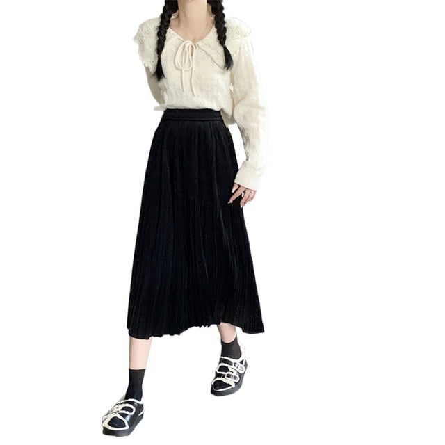 Txlixc Falda plisada de terciopelo para mujeres casual color sólido falda elástica de cintura a larga en otoño, adecuada para usar en la calle Txlixc moda