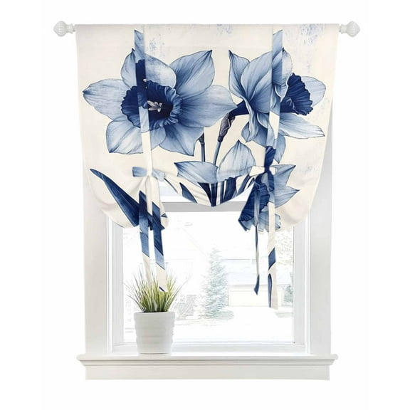 Vintage Blue Floral Tie Up Curtains for Window, Thermal Insulated Balloon Shade Adjustable Rod Pocket Curtains Valance Panels for Kitchen Bathroom Cafe 46 x 63 Spring Blooms Botanicals