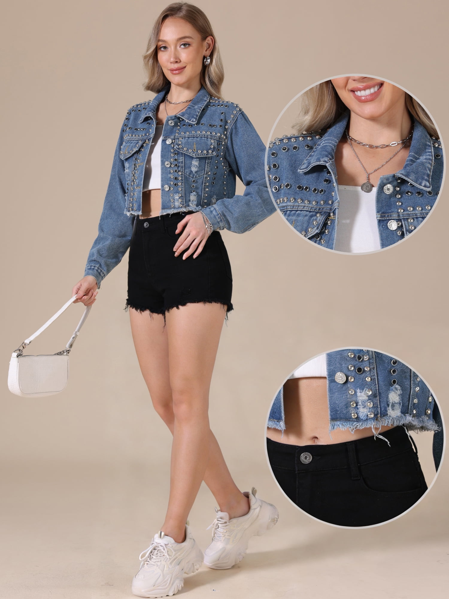 DARING DIVA Women's Rocker Party Rhinestones Denim Jacket M Blue